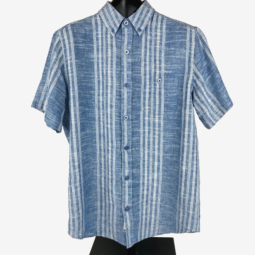 Weatherproof Linen Shirt Mens S Short Sleeves Washable Button Down, Blue Soft